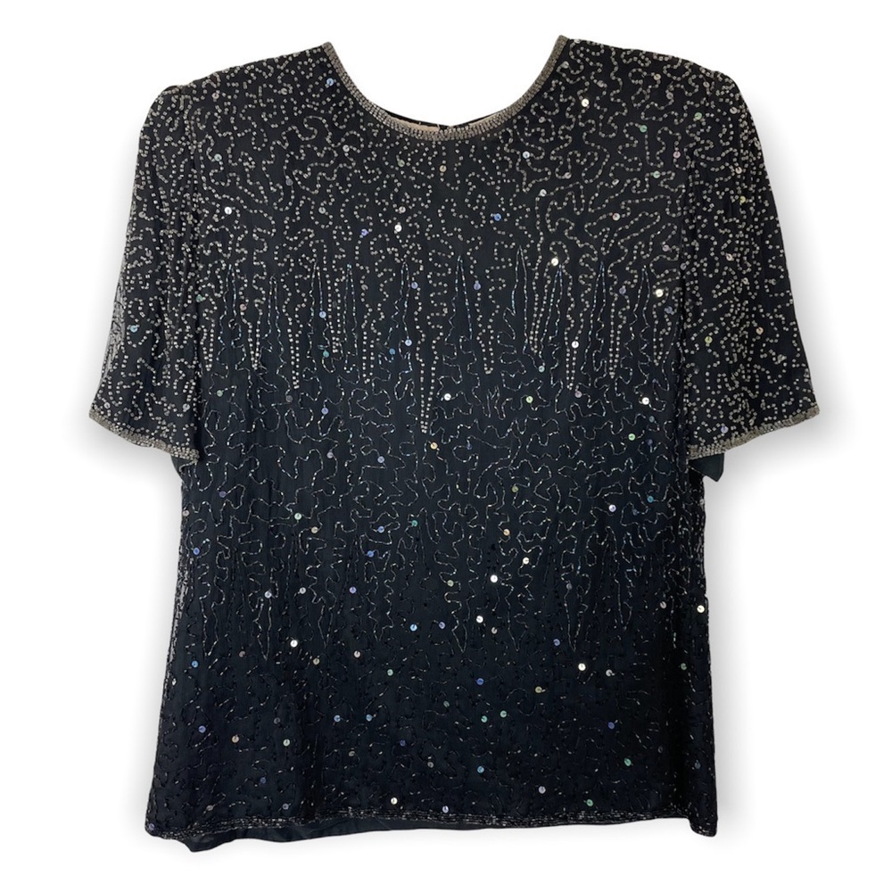 Laurence Kazar Size Large Vintage Beaded Silk Black Short Sleeve Evening Top EUC